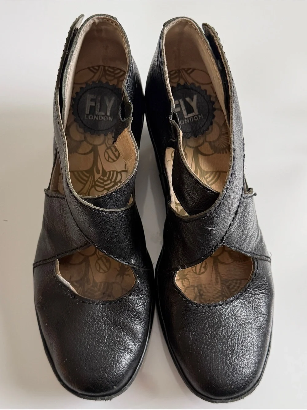 Fly London Black Leather Wedge Mary Jane Sandals
